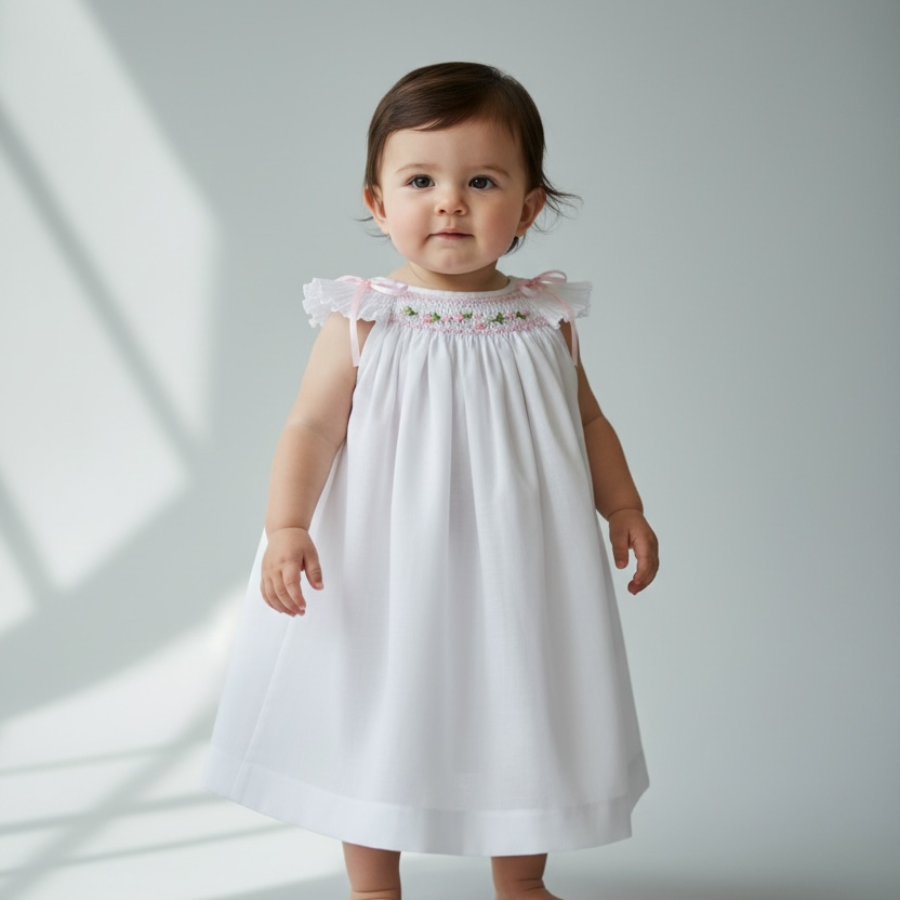 Micaela - Hand Smocked Baby Dress with Flutter Sleeves